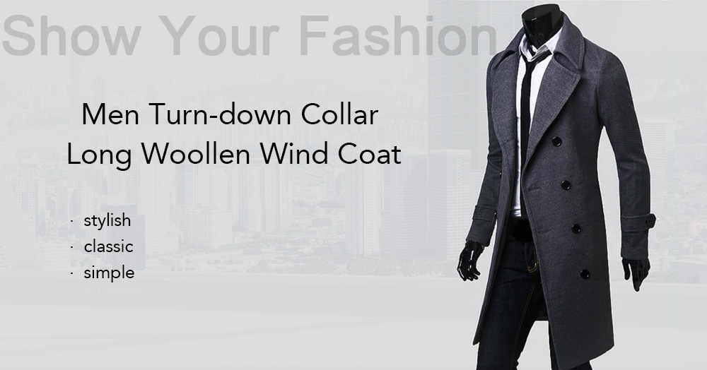 Men Fashionable Turn-down Collar Long Wind Coat