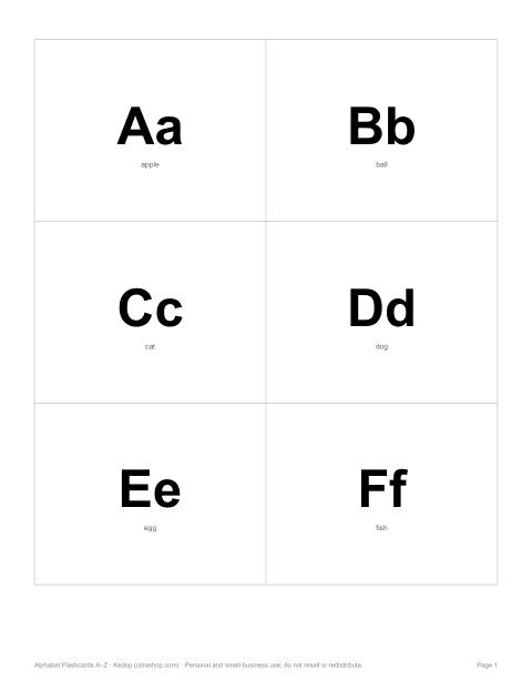 Preview of the first page of A–Z word cards